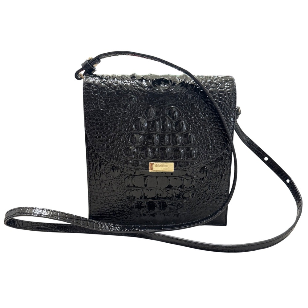 Brahmin Black Patent Croc-Embossed Crossbody Bag